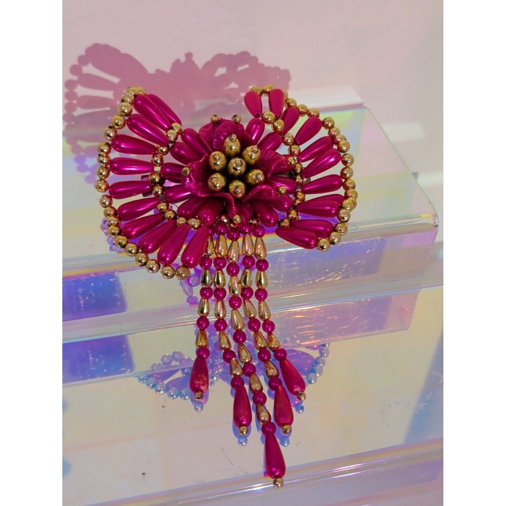 Vintage 1990s Victoria's Secret Pink Beaded Hair Barrette Bow Showgirl Y2K